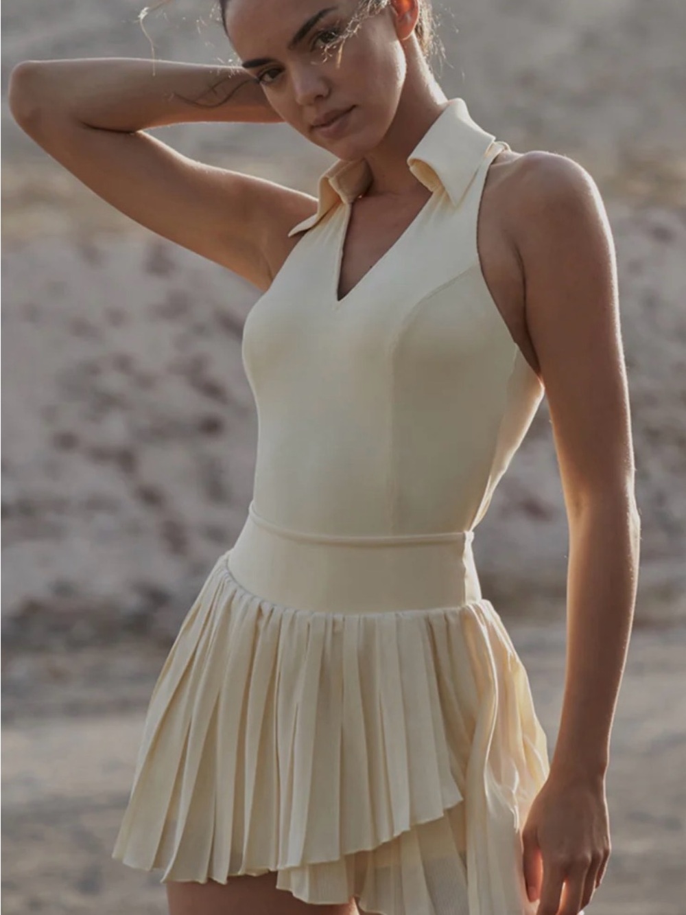 WISKII Pleated Mini Skirt Set & Polo Tank Top in Pure Vanilla
